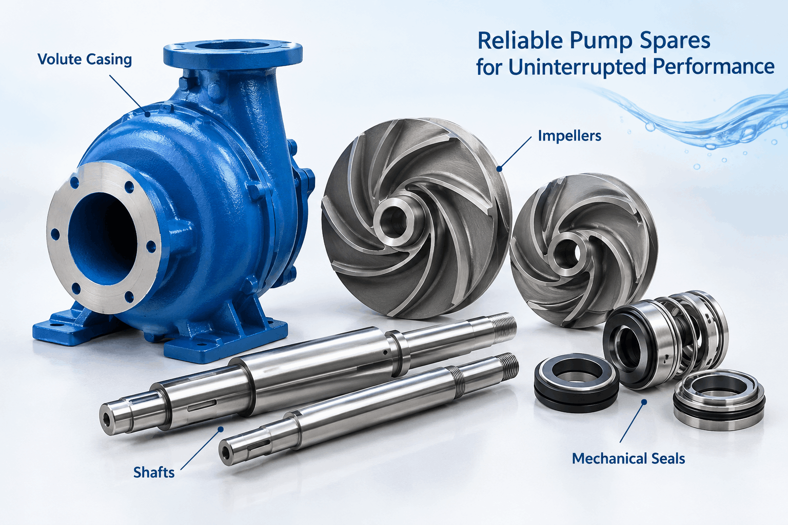 Industrial pump spare parts including impellers, casings and shafts